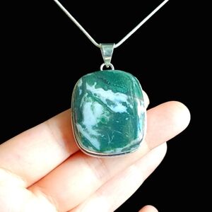 Moss Agate Crystal 925 S Silver Pendant Necklace 18" Luck Prosperity  wi/ chain